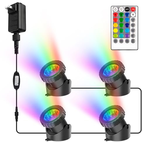 CREPOW RGB Pond Lights with Timer, LED Underwater Submersible Colorful Landscape Spotlights, 98ft Remote Control IP68 Waterproof Fountain Lights for Fish Aquarium Tank Garden Yard Pool (Set of 4)