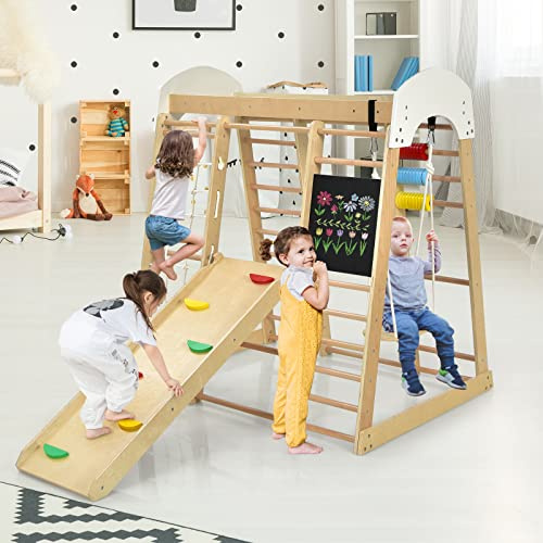RELAX4LIFE 8 in 1 Triangolo da Arrampicata Multifunzione, Parco Giochi in legno Massello con Scivolo, Altalena e Lavagna, Uso Interno, per Bambini 1 a 5 anni (Modello 3 Naturale)