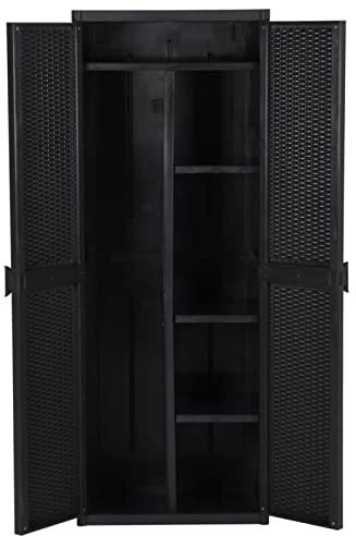 Keketa Armario de jardín multifunción con Soporte para escobas y 4 estantes, para Interior y Exterior, Color Negro, 65 x 45 x 172 cm, Aspecto de ratán