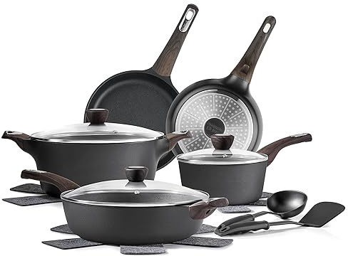 SENSARTE Pots and Pans Set Non stick, Non toxic Healthy Induction Cookware Sets, 14 Pcs Non Stick Kitchen Cooking Set with Frying Pans Set & Saucepan, PFOA PFOS Free, Black