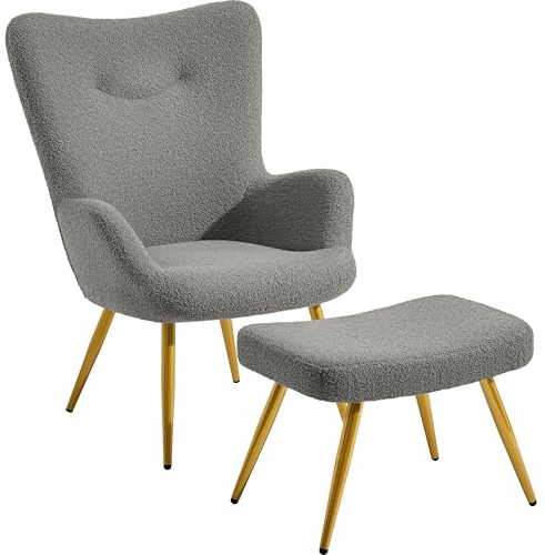 Yaheetech Boucle Armchair, Tub Chair with Footstool for Reading, Dark Grey