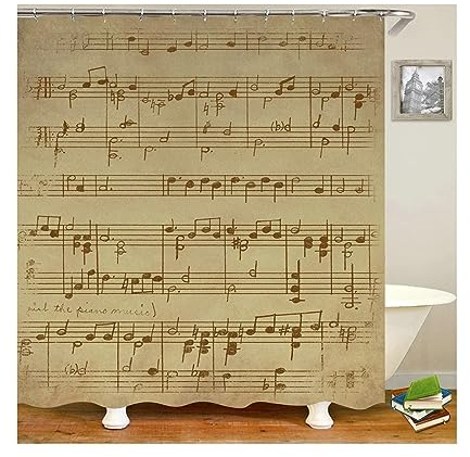 Homxi Cortinas Baño Marron,150 W x 200 H CM,Cortina Ducha Poliester Cortina Ducha Patrón de Notas Musicales Cortinas de Baño y Ganchos