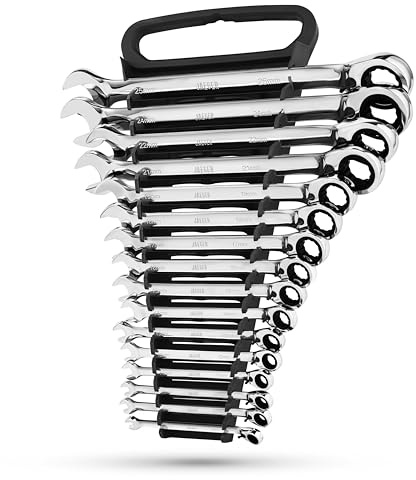 Jaeger 16pc MM/Metric Reversible Ratcheting Combination Wrench Set With Lock-In Rack - REVERSIBLE MASTER SET With Ratchet Speed Wrenches And A Lock-In Rack Case