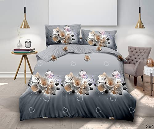 BQC 4 Pcs Duvet Cover Set 3D Printed Microfiber Quilt Cover with Extra Fitted Sheet Hypoallergenic Bedding Set with 2 Pillow Cases (Grey with Flower 364, Double)