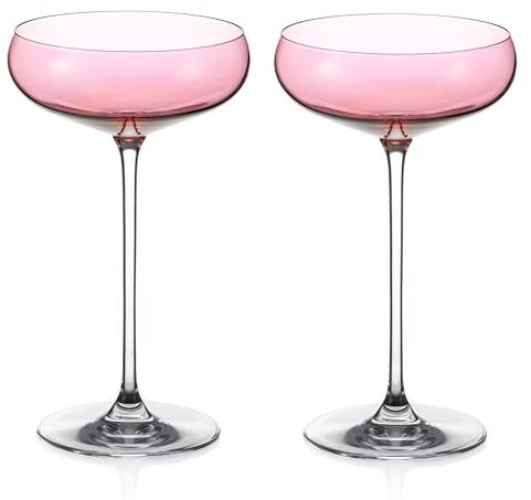 DIAMANTE Pink Champagne Cocktail Saucers Pair - Pink Coloured Crystal Champagne Coupes - Set of 2