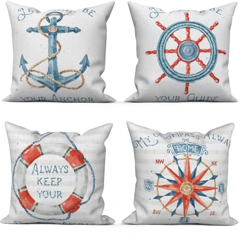 ASDCXZ Maritim Kissenbezug 40x40 cm 4er Set, Rot Blau Anker Kompass Segelboote Weiß Sofa Dekokissen Kissenbezüge Kissenhülle Waschbar Polyester Flachs Textil Outdoor Kopfkissenbezug Kissen Bezug