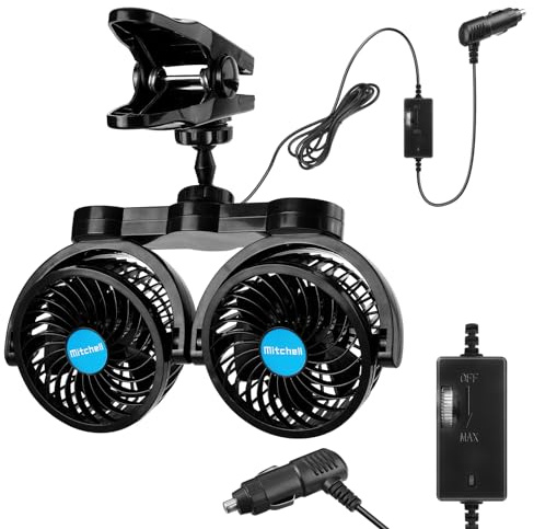 12V Auto Ventilator Doppelkopf 4 Zoll Auto Clip 360° Drehbar für Vordersitz/Rücksitz Einstellbarer Ventilator mit stufenloser Geschwindigkeitsregelung für Auto
