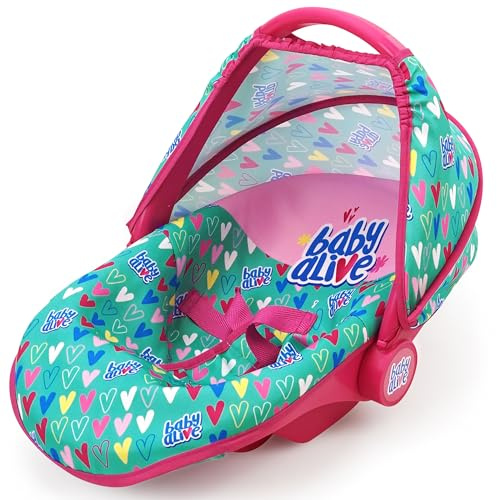 509 Crew Baby Alive: Deluxe Doll Car Seat - Green, Pink, Hearts - Accessory for Dolls Up to 18, Portable, Transform to Lounge Seat, Canopy, Kids Toy Ages 3+