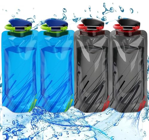 MQWDGJ Faltbare Trinkflasche, 4 Stück Wiederverwendbare Wasserflasche, 700ml Flexible für Wandern, Abenteuer, Reisen, Festival (Schwarz, Blau)