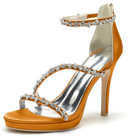 Donna Plateau Strass Sandali da Sposa Tacco a Spillo in Raso Cinturino alla Caviglia Punta Aperta Scarpe da Damigella d'Onore,Arancia,39 EU