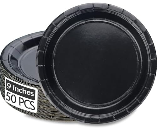 50 Pcs Black Paper Plates, Round Black Dessert Plates Birthday Party Supplies for Party Decorations Anniversary Graduation Retirement Daily Use，9 Inch