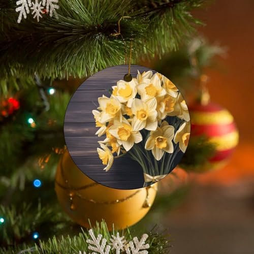 2 Stück Weihnachtsschmuck 2024 Weihnachtsbaum, rund, Keramik-Anhänger, Strauß von Narzissen, lustige Weihnachtsanhänger, hängende Weihnachtsbaumdekoration für Zuhause, Neujahr, Partyzubehör, Geschenke