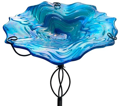 HONGLAND Vogeltränke für den Außenbereich, 30,5 cm, kleine blaue Glas-Vogeltränke für den Außenbereich, abnehmbarer Vogelfutterspender mit Metallpfahl für Garten, Hof, Terrasse, Dekoration, 81,3 cm