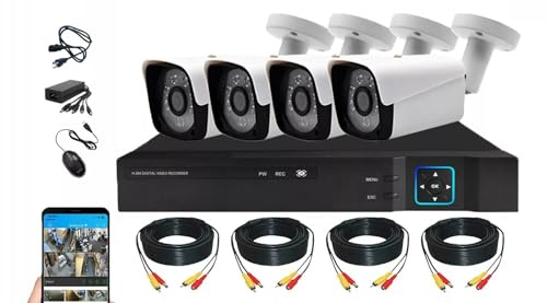 4CH HD DVR 1080P Full HD CCTV Security System, 4 Outdoor Bullet Cameras, Remote App Viewing, 4x 20m Cables