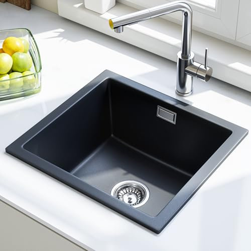 HOROW Fregadero de Cocina 1 Seno Rectangular 45x40 cm - Negro de Granito, Resistente a Rayones y Fácil de Reparar, Bajo o Sobre Encimera, Diseño Moderno