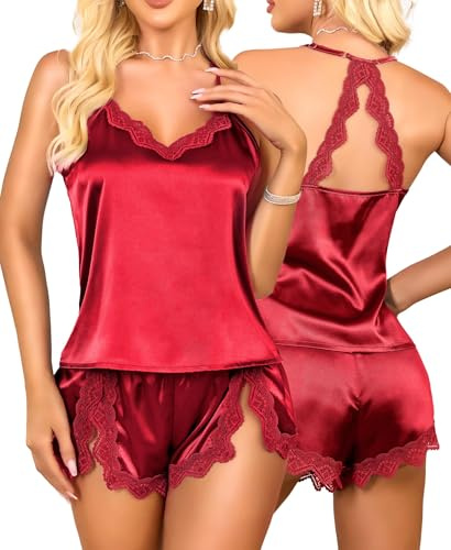 RSLOVE Satin pyjamas dam sexig – sidenpyjamas-set kort 2-delat nattlinne, röd, M
