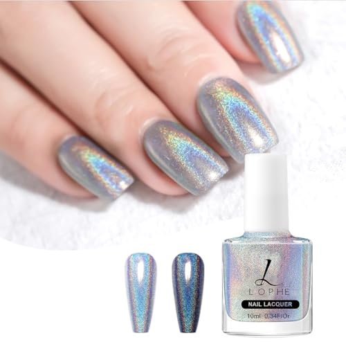LOPHE Glitter nail Polish: Holographic Reflective Shimmer Nail Polish for DIY Manicure at Home, No Lamp Required (Silver)