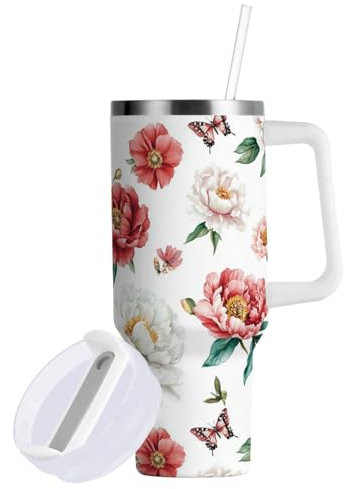 linqin Red Chic Peonies - Vaso aislado al vacío con popote, resistente a fugas, botella de agua abatible de 30 onzas para niños, boca ancha, taza de café portátil para agua, té helado o café