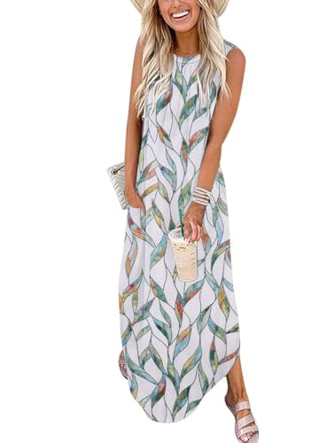 GRMLRPT Robe Longue Femme Bohème Chic Maxi Dress sans Manches à Motifs Imprimés Style Décontracté Tenue pour Été Plage Vacances Voyage Estivale(Vert,M)