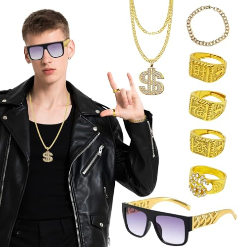 SAIIURV 7 st hiphop-kostymtillbehör, guldkedja fin klänning för rappare, 80-tals 90-tals tillbehör, solglasögon dollarskylt kedjering för rappare tillbehör rollspel karneval fest (guld)