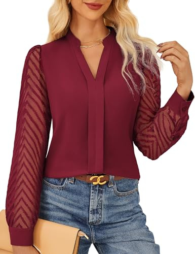 GRACE KARIN Women's Lightweight Blouse Long Sleeve Business Shirt Lace Long Sleeve Office Wear for Women UK Dark Red L