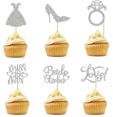 Gleemix Glitzer Tortendeko Hochzeit mit Schuh, Brautkleid, Ring, Miss to Mrs, Bride to Be und Love, 12Stk Silber Cupcake Topper für Verlobung Hochzeiten Thema Party, Brautdusche Kuchen Deko Hochzeit