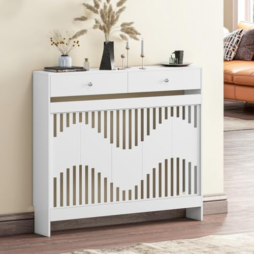 Luxstein Radiator Cover with Drawers, White Wooden Radiator Shelf Pipe Covers Cabinet with Wavy Grill for Living Room Bedroom Hallway, 109Lx19Wx95Hcm