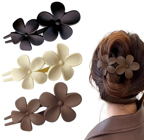 COYUN Lot de 3 pinces à cheveux françaises pour femme, barrettes à cheveux en forme de fleur,Grand ensemble mat,Maintien plat et sûr,Dents intérieures,Pour femme(blanc, marron, noir)