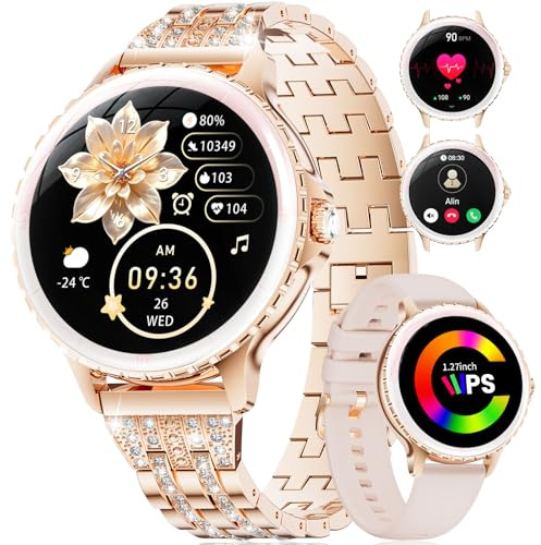 Orologio da polso da donna, rotondo, 1,27 pollici, con funzione telefonica/assistente vocale AI, orologio fitness 100+ sport, ciclo mestruale, orologio da polso, monitor del sonno, elegante smartwatch