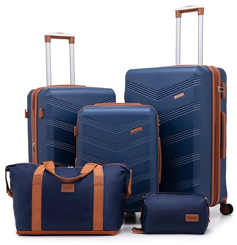 CONCEPTEN Expandable Luggage Sets 5 Piece, Hard Case Suitcase Set with Spinner Wheels,22x14x9 Airline Approved Carry on,Lightweight Durable Suitcase with TSA Lock (Dark Blue)