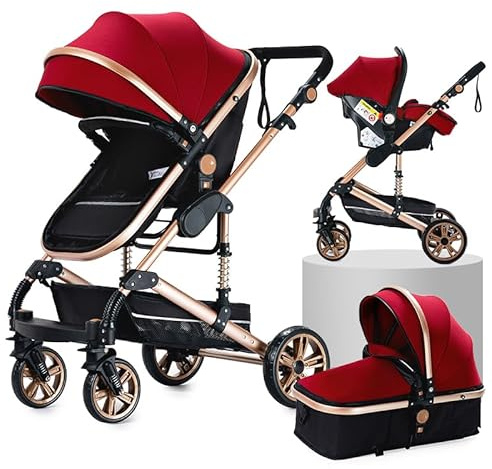Aveainelle Cochecito 3 en 1, CochIT de Viaje Reclinable y Reversible, Carricoche Carro 3 Piezas Plegable con Un Solo Clic, Carrito con AccITorios Completos y Frenos DoblIT (739 Red)