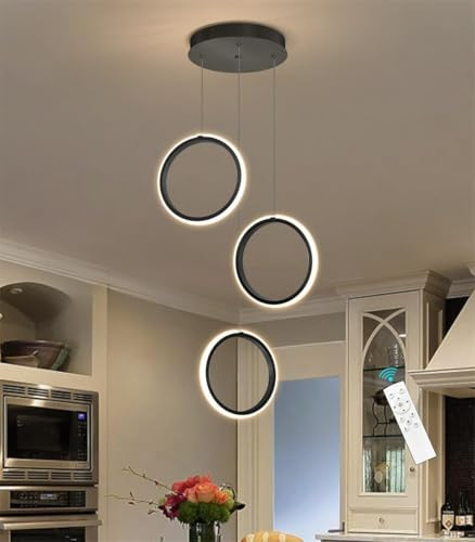 JINWELL Modern LED Pendelleuchte Lange Treppenhaus Ringe Hängelampe Wohnzimmerlamp Aluminium Dimmbar Kronleuchter Xuanguan Esszimmer Hängeleuchte Schlafzimmer Treppe Deckenleuchte(Schwarz,3 rings)