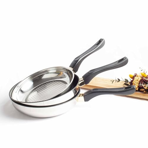 Juego de sartenes de acero inoxidable y sartén parrilla en acero inoxidable (3 piezas) Novel, 2 sartenes (24 cm), 1 parrilla (22 cm), antiadherentes