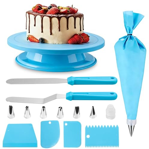 1 PcsCake Turntable, Cake Decorating Kits, Rotating Cake Turn Tables for Decorating Plates, Baking Supplies, with 2 Pcs 10 Inch Spatulas, 4 Scrapers, 8 Piping Bags and Nozzles Icing Piping Kit(Blue)