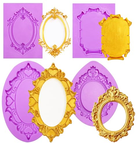 Bakformk Frame Silicone Fondant Mold, 4 Pieces Oval Picture Frame Fondant Molds, for Cake Decoration Baking, Chocolate, Baroque Gum Paste