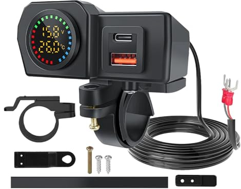 Motorrad USB-Ladegerät | ABS, 12-24V Eingang, QC3.0 18W + PD30W | USB-Schnellladegerät mit Voltmeter & Temperaturanzeige | Lenkerhalterung mit LED Lauflicht