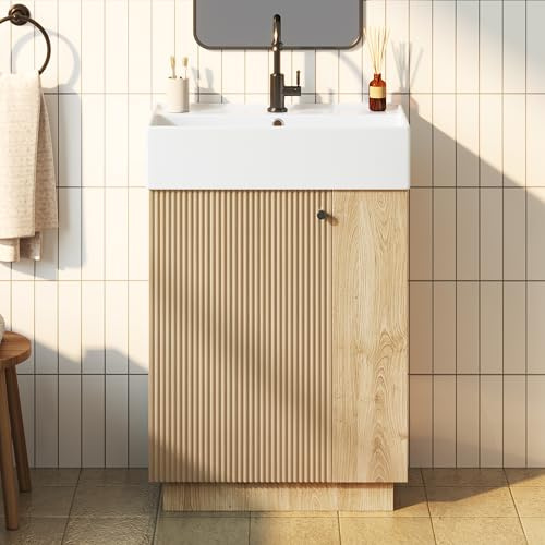 DHHU Meuble Lave-Mains 55 cm avec Vasque en Céramique, Meuble Vasque Salle de Bain Bois avec Porte Cannelée, Lavabo Salle de Bain avec Rangement et Porte-Serviette, Meuble WC Naturel