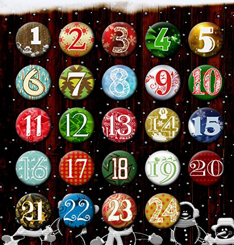 24 Adventskalender Buttons: Bunte, durchnummerierte Anstecker (Ø 37 mm) mit Sicherheitsnadel zum selber Basteln von DIY-Weihnachts-Kalendern und zum Dekorieren; Pins/Sticker aus Metall (37 mm)