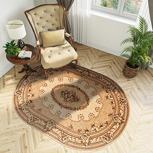 TAPISO Yesemek Teppich Oval Kurzflor Klassisch Gemustert Oriental Floral Ornament Creme Bordüre Schlafzimmer Wohnzimmer ÖKOTEX 70 x 140 cm