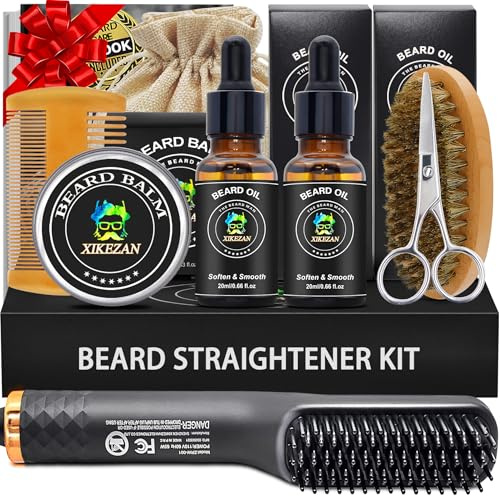 Beard Straightener Grooming Kit for Men,Beard Growth Kit w/2 Pack Growth Oil,All Natural Orange Balm,Comb,Scissor & Brush,Dual Voltage Travel-Friendly,Auto Shut-Off,Anti-Scald Feature,Gifts for Men