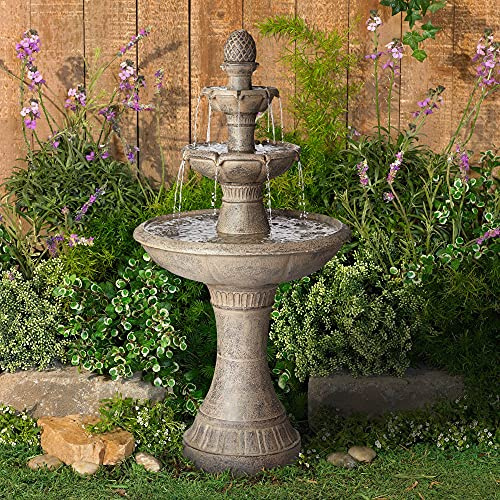 Louvre 44 High Large Italian Outdoor Decor Gray Faux Stone Floor Fountain with Light LED Waterfall 3-Tier Standing Basin Water Feature for Outside Garden Patio Yard Backyard Porch - John Timberland