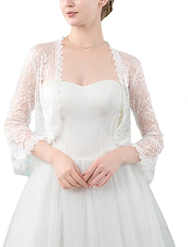 Minetom Damen Bolero Spitzen Jacke Festlich Kurz Cardigan Kurzarm Langarm Belerojacke Für Hochzeit Cocktailkleid B Weiß Einheitsgröße