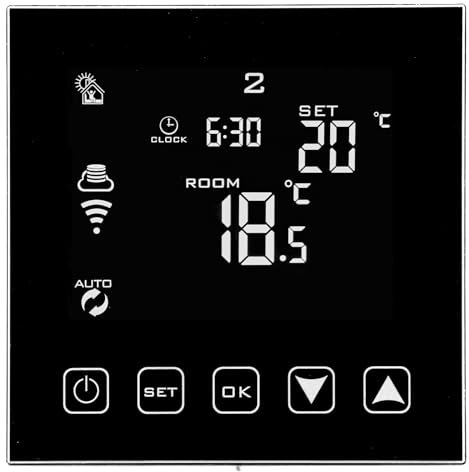 Wengart Termostato programable semanal WG603B, Botones táctiles de Panel de Vidrio AC90~240V 3A, para Ajustar la Temperatura Ambiente con detección de Apertura de Ventanas y Modo Vacaciones