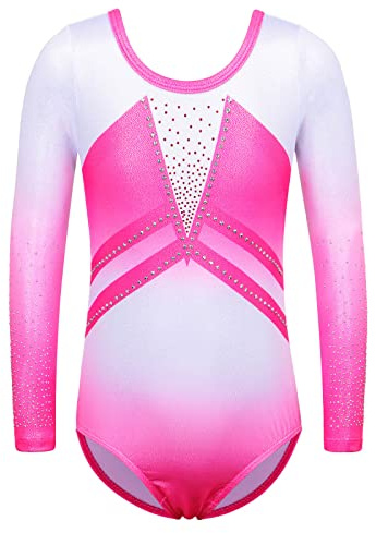 ZNYUNE Gymnastikanzug für Mädchen, ärmellos, langärmelig, Farbverlauf, Tanz, Gymnastik, Turnanzug, 3–14 Jahre, B263, Weiß-Rose, 12 A