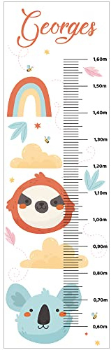 Personalisierbare Messlatte für Kinderzimmer, Motiv: Tiere und Regenbogen, 130 cm.