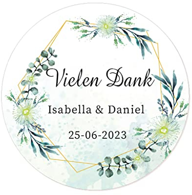 50 PERSONALISIERT vielen Dank Aufkleber für Gastgeschenke Hochzeit Taufe Verlobung Geburtstag Kommunion Geschenke Etiketten - Rd 085 (Eukalyptuskranz)