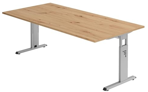 Bümö höhenverstellbarer Schreibtisch O-Serie 200x100 cm in Asteiche, Gestell in Silber - großer PC Tisch für's Büro manuell höhenverstellbar, Computertisch verstellbar