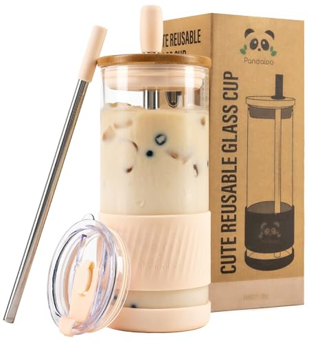 Pandaloo® Glass Cups With Lids and Straws -20 Fl Oz- Perfect Size Iced Coffee Cup - Smoothie Cup With Bamboo Lid and On the go Lid - Glass Tumbler With Straw (1 Count (Pack of 1), Vanilla Cream)