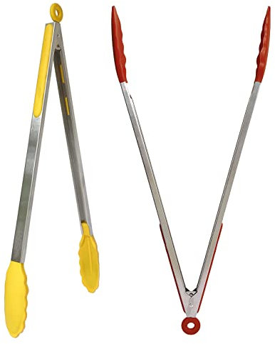 UPTALY 45 cm extra lange Grillzange (1 Stück gelb, 1 Stück rot), mit Silikonkopf, Edelstahl-Grillzange mit langem Griff, große Lebensmittelzange, dicke Steakzange, verlängerte Servierzange