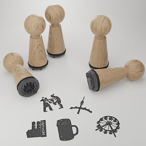 München Stempelset - Kreative Geschenkidee mit bekannten Motiven und Sehenswürdigkeiten der bayerischen Hauptstadt für München-Liebhaber - Hochwertiges Stempelset aus Buchenholz